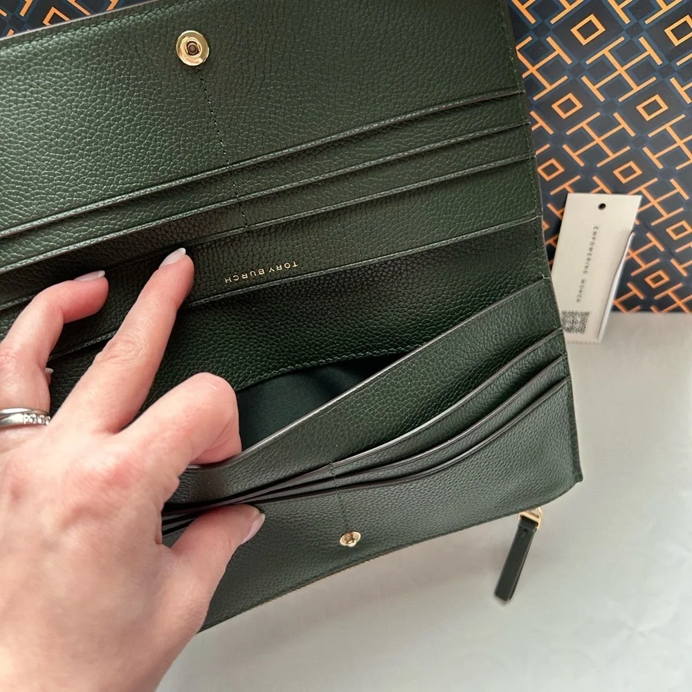 Tory Burch Blake Color Block Slim Envelope Wallet Basil Gold Dark Green